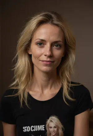1 extremely skinny and tall milf, 35yrs, cute, blonde, long messy hair, swedish, cum on shirt, black tshirt with cum on, cum on face, happy, solo, bony, small tits, RAW photo, beautiful, subject, 105mm professional photography, 8k uhd, dslr, soft lighting, high quality, film grain, Fujifilm XT3, sexy pose, home, short t-shirt, salva, <lora:facialized:1.5>