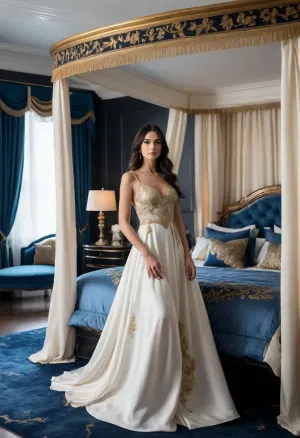 (Modern aristocrat:1.1), (lavishly furnished extravagant bedroom:1.2), silk bedsheets, modern mansion bedroom, (modern wealthy women in white dress with blue and gold embroidery:1.4), standing in front of bed, modern era mansion bedroom, (gilded black marble bedroom theme:1.3), tufted headboard, (canopy bed with curtains:1.2), pitch black hair, many many pillows, close up view, close up view of chest