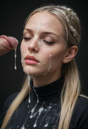 Nina Williams face, the most similar face, similar facial features and makeup, (Cum details), realistic cum, Prominent cum, (white cum:1.7), cum on, (Cum flows:1.2), (cum on body:1.3), cum on hair, cum on forehead, cum on eyelashes, (cum on face:1.3), bukkake, ((Clothes and body covered with semen)), white curvy woman, dark purple long sleeve top, excessive cum on clothes, no lipstick, blonde hair, mouth closed, eyes closed, moaning, black room, black background, Face covered in cum, cum dripping from penis, hair covered in cum, (A lot of cum:1.5)