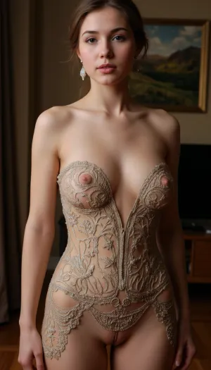 16 or younger, 16 or under, Full body shot, Perfect cute dressed in a stunning, 32g open perfect breast, intricately designed gown that clings to her figure, showcasing her elegant silhouette. The gown is a masterpiece of craftsmanship, adorned with shimmering gold and silver embroidery that forms delicate, ornate patterns across the fabric., (Perky nipples:1.1), She wears delicate earrings that dangle elegantly, adding a touch of sparkle that mirrors the intricate details of her dress. This attire perfectly compliments her athletic, toned body and her nice rump, full body shot, intense lighting, dynamic, perfect, digital painting, burlesque, shabby chic, fine art, epic, Boho gypsy, marquise, duchesse, dark fantasy, digital illustration, extreme detail, digital art, 4k, ultra hd, Anna Dittmann, Alyssa Monks, Gustave Dore, Jean Baptiste Monge, hyperrealism, trending on artstation, vintage photo, horror, style, <lora:horror style silent hill v1:.8>