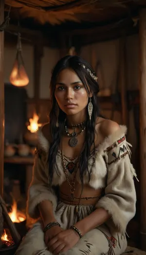 A highly detailed, photorealistic depiction of a 25-year-old Sioux woman, with dark skin, long black hair, nude upper body, wearing traditional grey leather clothing adorned with intricate paintings and embroidery, the clothing richly decorated and embellished, along with indigenous jewelry made of irregular natural pearls and bones, her face rendered with intricate indigenous features, high cheekbones, dark eyes, and a gentle smile, sitting comfortably on cozy, soft fur inside a wigwam, looking directly at the viewer with beautiful dark eyes and a gentle smile, surrounded by a warm, smoky atmosphere, a central fire pit with clay pots and iron cooking utensils, dried fish hanging from beams, and wooden support poles lining the walls, capturing the essence of the time and culture in stunning detail, cloudy, smoke, atmospheric, clouds, fog, CUM, DONATION, ASSISTANCE, FELLATIO, TITS, SEX, HANDJOB, FOOTJOB, AFTER, VAGINAL, <lora:detailed_notrigger:.7>, <lora:Cloudy_Style:.7>, <lora:MJ52:.5>, <lora:CUM DONATION ASSISTANCE:.8>