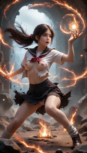 1girl, Japanese model of 21 years old, beautiful extacy face, witch charactor, pink nipples, slim legs, (school uniform), dark blue pleats skirt, (She was attacked by magic from another witch and her clothes is tattered torn:1.2), (her clothes jagged and ripped), (skin peeks through the gaps in the torn clothing:1.5), flying using magical power while riding a big magic circle, looking her breast of E-cups, very long straight hair, high-ponytail, white panty, loose socks, black shoes, lift up skirt, battlefield of magic fantasy world, duel, magical, fire, magic, spell, fireball, element, water, ball, orb, air, wind, earth, rock, plant, sand, <lora:tornclothesv6-8:2>, <lora:ClearHand-V2:.9>, <lora:Wizards__Mages:1.4>, <lora:Magical duel - SDXL v2.0:.4>, <lora:Cosmic_Blue_Magic_-_DS:1.8>
