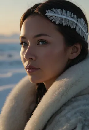 In a highly detailed, photorealistic Greenlandic setting, amidst the eternal ice and snow, a breathtaking woman stands in the frozen landscape, the pale light of the Arctic sun casting a soft glow. Dressed in traditional Inuit-inspired attire, with furs and intricate beadwork, she moves gracefully through the snow. As she gathers ice crystals and examines the frozen landscape, her eyes reflect both strength and serenity, captivating the viewer with a subtle, alluring gaze. The environment is a majestic blend of towering icebergs, shimmering snowfields, and the gentle dance of the northern lights overhead, creating a breathtaking, immersive ambiance. Every detail, from the texture of the ice to the intricate patterns of her clothing, is rendered with stunning realism, capturing the enchanting beauty and resilience of this Greenlandic woman