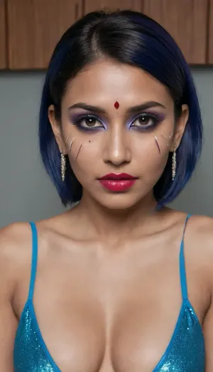 I don't wear panties, I'm perfectly naked, I'm 9 years old and my clitoris is pierced masturbating with a dildo banana, I love sucking on big pink lipstick, I'm sitting in a special chair with a wider leg mount, legs in fishnet stockings, [tags], Photorealistic, high resolution, professional photography, (lipstick marks on the clitoris:1.4), red lipstick, side view, (clitoral piercing:1.3), (high-quality facial detail:1.3), Indian sexy beautiful girl, (blue eyes:1.3), ((bimbo makeup, intense saturated glossy purple lipstick:1.2)), (Indian face:1.9), ((makeup:1.8), long blue eyelashes, olive eyeshadow with glitter), (lips:1.2), Hastune, Miku, twintails, black, dress, gloves, elbow, clothing, cutout, neck, ribbon, blue, hair, (gradient, hair)