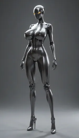 Aluminum-anthro, hyper aluminum body, sexy, huge aluminum breasts, slim, beautiful, beautiful aluminum face, full body, tall, long legs, aluminum body, sci fi, aluminum skin, hard aluminum, liquid aluminum, aluminum heels, annoyed aluminum face, annoyed pose, robot, cleaning