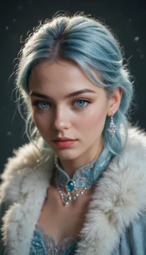 20000421.0, (((Very Petite girl))), A striking fantasy portrait of an elegant woman with ice-blue hair, her piercing eyes lined with shimmering blue makeup. A majestic snowy owl perches on her shoulder, mirroring her gaze with its own deep, intelligent eyes. She wears a luxurious faux-fur coat in a matching cyan hue, blending seamlessly into the cool-toned background. The soft lighting and icy atmosphere give the image an ethereal, mystical quality, as if she belongs to a world of winter magic and hidden…