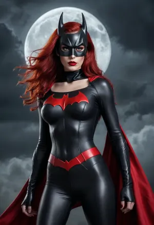 Female superhero, sleek black and red costume, red bat emblem on her chest, long flowing red hair, black mask with pointed bat ears, fierce/confident expression, pale skin, dark red lipstick, large glowing full moon behind her, cloudy sky with dark tones, dramatic/intense atmosphere