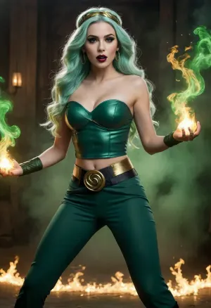 Female superhero, mystical powers, long flowing wavy pale green hair, dark green headband, dark eyeliner and lipstick, dark green strapless top, exposed midriff, dark green pants, thick belt with large shiny gold orbs, gold earrings, conjuring swirling green flames, emanates vibrant luminous green light, dynamic pose
