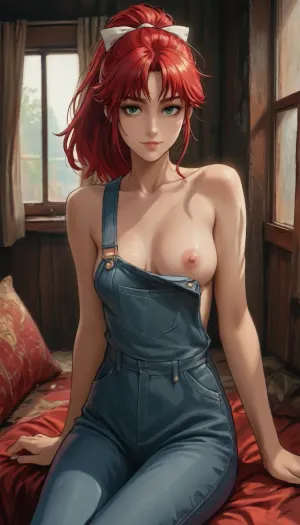 score_9, score_8_up, score_7_up, 1girl, 25yo, breasts, solo, nipples, deep green eyes, overalls, looking_at_viewer, sitting, strap_slip, bow, hair_bow, parted_lips, ponytail, vivid red hair, one_breast_out, collarbone, long_hair, indoors, blue_bow, smile, bare_shoulders, naked_overalls, lips, window, medium breasts, curtains, v_arms, indian_style, no_bra, high_ponytail, sunrays, reiq meets markgavatino art style, doodle, ratatatat74, <lora:MJ52:.8>, <lora:cutedoodle_XL-000012:.8>, <lora:ratatatat74-000050:.8>, <lora:NEOTOKIOXL_0.2_RC:.8>, <lora:outline_xl_kohaku_delta_spv5x:.8>