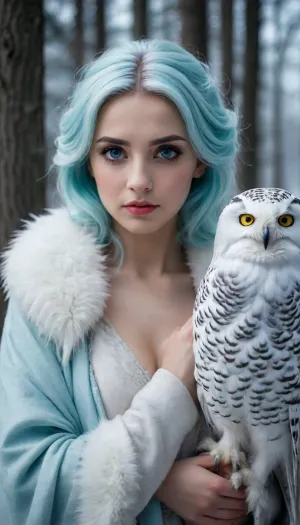 20000421.0, (((Very Petite girl))), A striking fantasy portrait of an elegant woman with ice-blue hair, her piercing eyes lined with shimmering blue makeup. A majestic snowy owl perches on her shoulder, mirroring her gaze with its own deep, intelligent eyes. She wears a luxurious faux-fur coat in a matching cyan hue, blending seamlessly into the cool-toned background. The soft lighting and icy atmosphere give the image an ethereal, mystical quality, as if she belongs to a world of winter magic and hidden…