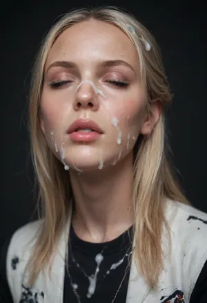 Nina Williams face, the most similar face, similar facial features and makeup, (Cum details), realistic cum, Prominent cum, (white cum:1.7), cum on, (Cum flows:1.2), (cum on body:1.3), cum on hair, cum on forehead, cum on eyelashes, (cum on face:1.3), bukkake, ((Clothes and body covered with semen)), white curvy woman, dark purple long sleeve top, excessive cum on clothes, no lipstick, blonde hair, mouth closed, eyes closed, moaning, black room, black background, Face covered in cum, cum dripping from penis, hair covered in cum, (A lot of cum:1.5)