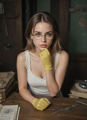 Scope_9, score_8_up, score_7_up, This image presents a woman with a focused expression looking directly at the viewer, set in what appears to be butchery or morgue environment, with an unsettling ambiance.
The composition centers around a woman, framed from the chest up, positioned on a reflective stainless steel surface of a butchery table, suggesting she is lying down. The perspective is from the viewer's point of view lying on the stainless steel surface, viewing angle approximately 1 inch above the butchery table surface. Dried blood splatters are scattered on the stainless steel surface, adding an element of disquiet. The background features a morgue or butchery athmoshere with bloodstained tile walls, hook rails attached at the walls, various butcher tools hanging from the hook rails, meat hooks with half pig halves hanging from ceiling, three stainless steel coffins stacked on top of each other at the rear wall. The lighting is focused on the subject's face, making it the central point of the image.
The woman is the primary subject, wearing nerdy glasses and a focused expression and eureka look to viewer, folded up bloodstained faceshield, yellow rubber gloves. She rests her arms on what appear a stainless steel table, supporting herself as she gazes directly at the viewer. Bloodstained garden prune shears and a bloodstained carpenter claw hammer lie clearly visible in front of her on the stainles steel table. Her expression is a mix of intensity and perhaps apprehension. Her hair is light brown and pulled back, and her face shows no distinct emotion. The direct eye contact establishes a connection with the viewer.
The image has a strong cinematic or photographic quality, with a focus on realism. The use of natural lighting in the background, contrasting with the direct, artificial lighting on the subject, is noteworthy. The choice of colors, particularly the green background and the red of the blood, heightens the atmosphere. The technical execution shows a high degree of detail, emphasizing textures and the reflective quality of the floor.
The setting appears to be an institutional space, possibly a butchery or a medical facility like a morgue, indicated by the shelving and the cold, metallic environment. The lighting is dim, casting shadows that suggest mystery. The scattered blood creates a stark contrast against the clean environment, contributing to the suspenseful and eerie atmosphere. The overall mood is one of tension and ambiguity, drawing the viewer into the scene and prompting questions about the narrative., glove, <lora:adjusting glove XL-v1:1.5>