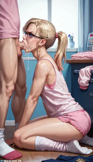 Blond, one ponytail, french, big ass, angry reaction, breakfast, forced deepthroat by police, cum on hair, pink pajama pant, pink pajama tank top, white socks, blue eyes, 166 cm, 25 years, glasses
