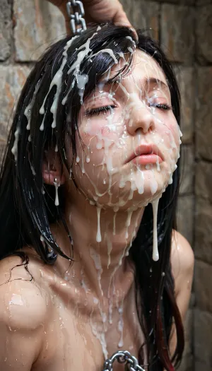 (Tifa Lockhart from final fantasy looks innocent and sad:1.2), nude, chained to a wall, in a cave, all wet, soaking glazed face, depressed look, mouth agape, hyper cum, her face is unrecognisable due to so much wet cum, ((Tifa is locked in a cell after sex and bukkake and chained up)), closed eyes, head thrown back, Lara has a lot of wet cum on her face, (hyper cum on face:1.2), her face is completely covered in wet cum, soaked wet glazed cum face, cum in eyes, completely covered in cum, cum running down face, wet messy hair, soaking wet hair, (face closeup shot of Tifa in isolation:1.3), detailed macro face closeup, photorealistic, woman, on, face, close_up_detailed_shot_of1, facial, expression, bukkake, cum, <lora:SDXLHighDetail_v6-000005:.8>, <lora:JustCum:.8>, <lora:close_up_detailed_shot_of1:.8>, <lora:Expressions XL:.8>, <lora:MS_Real_XL_Bukkake:.8>