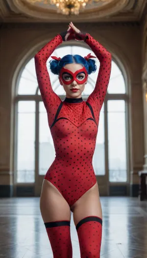 ((best quality), (highly detailed), (masterpiece), (ultra-detailed), (8k), (photo realistic), best quality, highres, 4k, cinematic lighting, amazing quality, amazing shading, soft lighting), 1girl, red bodysuit with large black polka dots, red superhero eye mask, blue hair, short pigtails, acrobatic pose, Paris setting