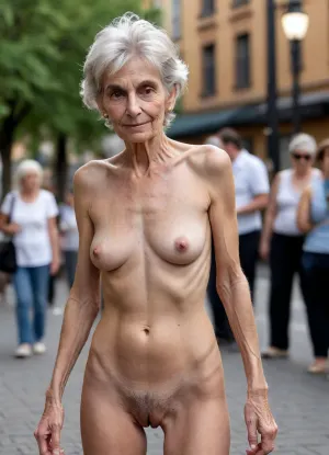 very old 77yo anorexic saggy titted lady fully nude in public, very hairy pussy
