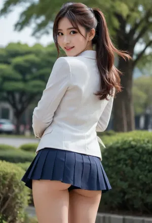 mix4, (8k, RAW photo, best quality), (realistic), japanese jk, jk blazer and skirt uniform of dark blue, beautiful face with smile, black eyes, (slim legs, small ass:1.16), middle length skirt of single color, (pleats skirt of dark blue as the blazer:1.19), (visible white panty:1.09), (very long straight brown hair on her breasts:1.02), outdoor, windy, (lift up middle skirt by strong wind:1.19), looking back, from back below and back side view, white cotton panty from under angle, long and high ponytail charactor of Japanese anime, <lora:hinaTuningFaceDetailer_SDXL-v2-rank256-pruned:.8>, <lora:underanglexl16:2>, tug, wind, <lora:skirt tug_XL_V1.0:.8>