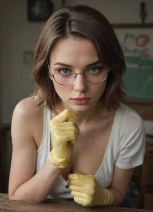 Scope_9, score_8_up, score_7_up, This image presents a woman with a focused expression looking directly at the viewer, set in what appears to be butchery or morgue environment, with an unsettling ambiance.
The composition centers around a woman, framed from the chest up, positioned on a reflective stainless steel surface of a butchery table, suggesting she is lying down. The perspective is from the viewer's point of view lying on the stainless steel surface, viewing angle approximately 1 inch above the butchery table surface. Dried blood splatters are scattered on the stainless steel surface, adding an element of disquiet. The background features a morgue or butchery athmoshere with bloodstained tile walls, hook rails attached at the walls, various butcher tools hanging from the hook rails, meat hooks with half pig halves hanging from ceiling, three stainless steel coffins stacked on top of each other at the rear wall. The lighting is focused on the subject's face, making it the central point of the image.
The woman is the primary subject, wearing nerdy glasses and a focused expression and eureka look to viewer, folded up bloodstained faceshield, yellow rubber gloves. She rests her arms on what appear a stainless steel table, supporting herself as she gazes directly at the viewer. Bloodstained garden prune shears and a bloodstained carpenter claw hammer lie clearly visible in front of her on the stainles steel table. Her expression is a mix of intensity and perhaps apprehension. Her hair is light brown and pulled back, and her face shows no distinct emotion. The direct eye contact establishes a connection with the viewer.
The image has a strong cinematic or photographic quality, with a focus on realism. The use of natural lighting in the background, contrasting with the direct, artificial lighting on the subject, is noteworthy. The choice of colors, particularly the green background and the red of the blood, heightens the atmosphere. The technical execution shows a high degree of detail, emphasizing textures and the reflective quality of the floor.
The setting appears to be an institutional space, possibly a butchery or a medical facility like a morgue, indicated by the shelving and the cold, metallic environment. The lighting is dim, casting shadows that suggest mystery. The scattered blood creates a stark contrast against the clean environment, contributing to the suspenseful and eerie atmosphere. The overall mood is one of tension and ambiguity, drawing the viewer into the scene and prompting questions about the narrative., mooning, glove, <lora:mooningv2_SDXL:2>, <lora:adjusting glove XL-v1:1.5>