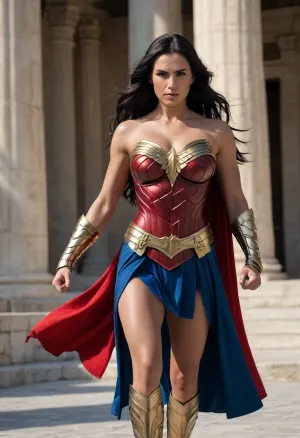 Female superhero, powerful, muscular woman, Greek woman, long flowing black hair, confident expression, striking costume, armor, strapless red bodice with a golden eagle emblem on her chest, blue bottoms, metallic silver bracers, strong posture, clenched fists, strong shadows, ancient city with classical architecture