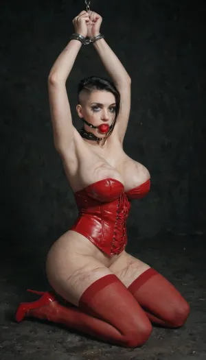 realistic portrait photo of, Whitte curvy slave woman, bdsm slave, ballgag, (whip marks:1.2), (ruined makeup), anxious facial expression, panicked facial expression, albino, extremely pale skin, natural skin texture, visible pores, subtle imperfections, natural facial asymmetry, real-world lighting, shot on professional DSLR camera, shallow depth of field, high dynamic range, no retouching, authentic, candid, unposed, youthful, skinny, (massive breasts:1), ((Massive ass:1)), wide hips, alone, undercut long black hair, black iron slave collar, kneels on the ground, red leather corset under breasts, red thigh high stockings, red high heels, hands chained above head, dark room, black background, ruined, makeup, <lora:ruined1:1.5>