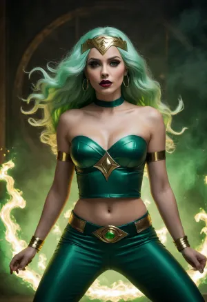Female superhero, Brazilian woman, mystical powers, long flowing wavy pale green hair, dark green headband, dark eyeliner and lipstick, dark green strapless top, exposed midriff, dark green pants, thick belt with large shiny gold orbs, gold earrings, conjuring swirling green flames, emanates vibrant luminous green light, dynamic pose