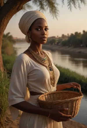 In an exquisitely detailed, photorealistic Nubian setting, under a golden, setting sun, an elegant African woman stands by the banks of the Nile, surrounded by lush, vibrant vegetation and intricate, ancient architecture. She is dressed in flowing, traditional Nubian attire, adorned with beautiful, intricate jewelry, her posture confident and graceful. As she gently weaves a basket from natural reeds, her eyes meet the viewer’s with a captivating, alluring gaze, hinting at mystery and strength. The atmosphere is filled with the gentle rustling of leaves and the soft flow of the river, creating an enchanting, immersive ambiance. Every detail, from the texture of her clothing to the patterns of the surroundings, is rendered with stunning realism, capturing the timeless beauty and strength of this Nubian woman