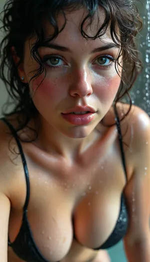 Full Body, wide Range, RAW, Live, moving, Motion, body View, horny surprise, blushed, mature milf, (wearing swimsuit:1), Bad Girl, hot Dangerous women, ultra realistic picture, perfect shiny, real Cellphone Photo, surprise situationship, (slim Chubby, busty, curvy, Amateur, good Figure, hungry women, mature women:1.4), water Drops, showering, Air Steam, freckles, shiny jet black hair color, thick curly Emo bangs, (clothed, nasty, sensual shy teasing seducing:1.1), fresh eyes, (((teasing view from above, real showering, detailed water steam, ultimate realism drops:1.25))), (((up close and personal view from high angle))), natural light, squezzed perky breasts, small detailed boobs, nobra, realistic, best detailed hair, ultra detailed body, (((ultimate realism:1.5))), fine detailed skin, High, Resolution, More, Details, 8K, but, clothes, <lora:MJ52:2>, <lora:add-detail-xl:2>, <lora:BUT_SDXL_SHS:.4>