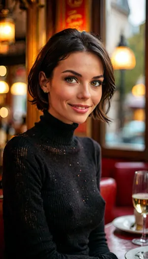 Closeup POV photo of 21 years old woman, (((young busty skinny housewife))), beautiful, fit, ((slim)), skinny, (((big tits busty))), (((very short dark brunette black bob hair slicked back))), (((black turtleneck wool sweater))), tight wasp waist, hourglass figure, red carpet photo backdrop, big sexy smile showing teeth, beautiful detailed eyes, depth blur, key visual, vibrant, highly detailed, early morning light, golden hour, in Paris France bistro restaurant cafe, on a date, at a table, glass of wine, large breasts, (((laughing))), braless, Wearing, clothes, that, make, sense, with, Braless>, but, <lora:bombshell_v2:1.6>, <lora:MJ52:2>, <lora:add-detail-xl:2>, <lora:bralessSDXL_v1_00022:1.4>, <lora:BUT_SDXL_SHS:1>