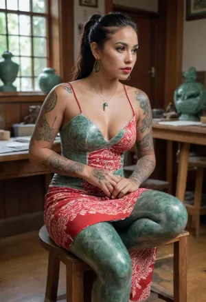 A 30-year-old beautiful Maori woman living in New Zealand, She is a sculptor, wearing an ethnic dress, ((dress is red and white patterned fabric)), Her entire body is covered in tattoos dedicated to the gods, sitting a wood chair, makeing a green jade sculpture in her Sculpture workshop, touching the green jade sculpture, (A green jade sculpture on her desk:1.3), polished texture with subtle natural marbling, high position, Photorealistic, masterpiece, realistic, high contrast, ultra-detailed, highest quality, ultra-high resolution, high resolution, detailed, raw photo.