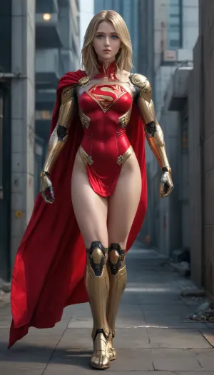 1 girl, upstart pretty woman, blond, 8k, full body, focus, Slavic facial features, (android supergirl:1.6), robot, (SciFi:1.6), (metal:1.6), (cyberpunk:1.6), (red, blue, gold), (chrome:1.8), strong, reflecsive, colorfull, detailed, realistic, ultra detailed, (cyborg:1.6), (embedded robotic parts:1.8), (perfect fit figure:1.5), bright saturated colors, background dark basic skyscrapers broken, uberfit, muscular, athletic, <lora:uberfit_lora_sdxl:1.3>
