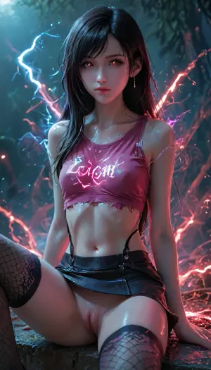 Charming petite girl, close-up view, (Multicolour red_purple Hairstyle), (charming eyes, bright glowing pupils:1.1), (flatchest:1.1), ai_generated, (Tifa Lockhart, pretty face, naked tits, fishnet under shirt, mini skirt, long hair), showing_back, ass, sitting, ((facing her back to viewer)), Sexy Girl, (Shiny Skin), ((perfect pussy, puffy pussy, realistic pussy)), ((Hentai)), lace torn stockings, very detailed, detailxl, 8k, glowneon, glowing, sparks, lightning, Artnthrmg, Aura, Jellyfish, Glow, <lora:zavy-hrglw-sdxl:2>, <lora:glowneon_xl_v1:2>, <lora:Glowing_beach:2>, <lora:artfullyNETHERMAGE-000015:2>, <lora:LCMTurboMix_Euler_A_fix:1>