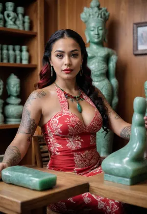A 30-year-old beautiful Maori woman living in New Zealand, She is a sculptor, wearing an ethnic dress, ((dress is red and white patterned fabric)), Her entire body is covered in tattoos dedicated to the gods, sitting a wood chair, makeing a green jade sculpture in her workshop, touching the green jade sculpture, (A green jade sculpture on her desk:1.3), polished texture with subtle natural marbling, high position, Photorealistic, masterpiece, realistic, high contrast, ultra-detailed, highest quality, ultra-high resolution, high resolution, detailed, raw photo.