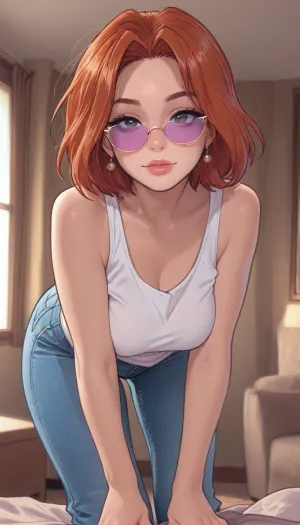 (((Melkor mancin style))), reiq style, solo, Milf, lowered sunglasses, front view, bent over viewer, giant hanging tits, wearing white stripped tank top and jeans, white short hair, full make up, seductive face, style anime, inspired illustration, oda, non, ratatatat74, <lora:cartoon_stickers_xl_v1:.9>, <lora:ratatatat74-000050:1.5>, <lora:AshMilkshake_Illustrious_v1:1.7>, <lora:mk_Bp Anime_xl:1.6>, <lora:焦茶_XL:2>
