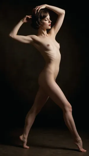 **Subject, ** A full-body portrait of a slender, flat-chested 30-year-old brunette woman with a short bobbed 1920s haircut, posed seductively against a clean black background. She exudes the glamour and provocative elegance of 1920s German silent cinema, captured in a dance-like gesture—graceful, ballet-inspired, with arched feet and elongated legs. high-heeled sandals minimum 18cm, Her body is fully nude, with a smooth shaved vulva featuring large, prominent labia, emphasizing the raw yet artful eroticism of the era. **Styling & Details, **, **Hair, ** Polished, finger-waved bob reminiscent of Louise Brooks or Marlene Dietrich., **Feet & Legs, ** Emphasized fetishistically—barefoot, toes pointed, calves taut, showcasing elegant muscle definition., **Lighting, ** High-contrast chiaroscuro, with dramatic side-lighting casting soft shadows to sculpt her form., **Pose, ** Fluid, dynamic, caught mid-movement—one leg extended, arms lifted or draped, evoking cabaret or expressionist dance., **Aesthetic, ** Pornographic yet tastefully artistic—homage to Weimar-era erotic photography, (e.g., work of Otto Dix or Rudolph Schindler), balancing vulnerability and power. **Mood, ** Sensual decadence, vintage taboo, cinematic voyeurism. The image should feel like a still from a lost 1920s stag film, elevated by painterly textures and a muted, sepia-tinged palette with deep blacks. **Technical Notes, Composition, Centered, full-frame, with negative space amplifying her silhouette., Avoid modern tropes, prioritize historical authenticity in anatomy, styling, and grain.
