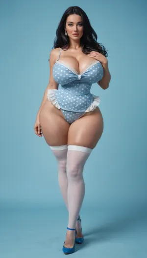 (milf:1), blue background, blue room, busty mature white woman, wearing blue 1950s A-line dress with navy blue petticoat and white polka dot, (extremely long smooth black hair:1.5), (wide_hips:1.5), (Massive ass:1.1), (massive breasts:1), white panites covering her ass, thin waist, gorgeous, white stockings, blue high heels, front view, posing, upskirt, looking at the viewer.