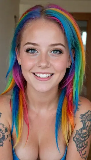 18 year old, Midwest farm girl, long rainbow hair, pigtails on side of face with fluffy bows, tiny pointy pierced nose, tiny size perky breast, (thick waistline), (blue eyes cross-eyed), freckles on face, freckles on body, (tattoos:1.2), large hoop earrings, excited smile, thick thighs, round ass, Midwest, Farm, Girl, <lora:Midwest_Farm_Girl:.8>