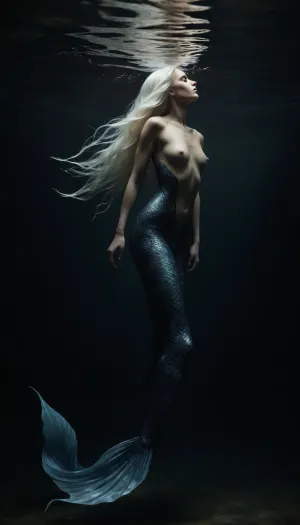 "Ethereal underwater high-fashion editorial portrait of a hauntingly beautiful siren-mermaid hybrid, (40 years old), captured in a full-body shot. She floats effortlessly in deep oceanic darkness, her nude form suspended with otherworldly grace. Her physique is lithe and slender, with delicate, flat-chested contours that emphasize an ageless, almost sculptural elegance. Her long, flowing white hair drifts around her like a spectral halo, blending seamlessly with the aquatic environment. Her lower body transitions into a sleek, jet-black fishtail—glossy and shimmering with bioluminescent highlights, evoking high-fashion opulence. The tail curves dynamically, suggesting both predatory power and seductive fluidity. The composition balances raw sensuality with artistic sophistication, blending explicit eroticism and avant-garde editorial aesthetics—think *Vogue* meets *Helmut Newton* underwater. Lighting is dramatic yet soft, with shafts of muted blue and silver piercing the depths, casting an eerie glow on her porcelain skin. The mood is haunting, enigmatic, and deeply atmospheric—an intersection of myth and modernity. **Stylistic References, ** High-fashion photography, (Tim Walker, Paolo Roversi), dark aquatic surrealism, (Zena Holloway), cinematic chiaroscuro. **Technical Specs, ** Ultra-detailed, hyper-realistic, 8K resolution, Canon EOS R5, underwater diffusion for a dreamlike haze."