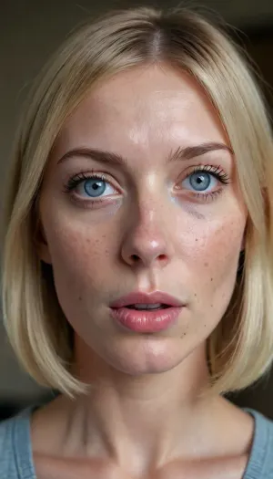 1girl, average height, french, bob cut blonde hair, 37 years old, thin, slim, solo, blue eyes, perfect eyes, realistic, freckles, lick her lips by her tongue