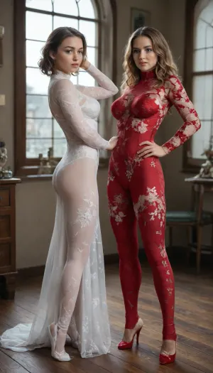 Photorealistic image of two women, 25-year-old women with long wavy blonde hair, fair skin, blue eyes with subtle eyeliner, seductive teasing expressions with slight smiles and direct gazes at camera, wearing matching white lace bodysuits with sheer floral patterns, long sleeves, high-neck collars, and high-cut legs hugging toned bodies and large natural breasts, posed standing side by side with left woman having left hand on hip fingers splayed, right arm relaxed by side, right woman mirroring with right hand on hip, bodies turned slightly sideways with hips cocked to emphasize curves and asses, in a modern indoor room with beige walls, large window with city view, wooden floor, natural daylight casting soft glow on skin and lace, hyper-detailed lace textures, sleeve sheerness, and hair shine, best quality, masterpiece, 8K resolution, sharp focus, elegant sensual mood., (mirrored hip-hand standing pose:1.5), (white floral lace bodysuit attire:1.3)
