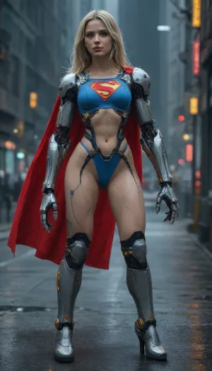 Cyberpunk, (Android Supergirl:1.6), – dominating a neon-lit catwalk, chrome exoskeleton gleaming with intricate circuitry and exposed hydraulics. Red & blue energy flows through her, (robotic limbs:1.6), accented by gold plating and glowing cube data ports on her arms. Muscular legs encased in reinforced plating, elevated in sleek cybernetic heels. Long, platinum blonde hair cascades down her back, interwoven with fiber optic strands. 30-year-old woman, full height, standing amidst a sprawling cyberpunk cityscape – holographic advertisements flicker in the rain, drones buzz overhead. Highly detailed, cinematic lighting, octane render, trending on ArtStation – sci-fi, futuristic, gritty realism.