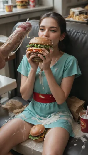 Pokahonta girl, traditional dress, sitting in resturante, eating burger, cum on Burger, (cum on burger:1.8), huge cumshot, (excessive cum on burger), man jerking penis