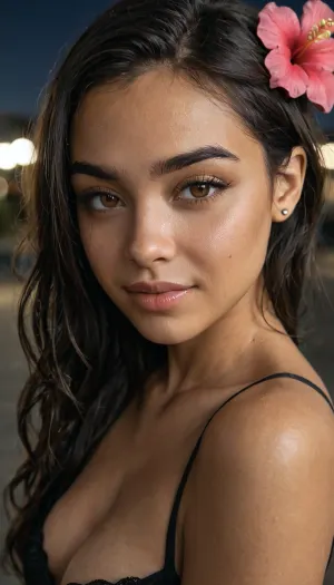 score_9, score_8_up, score_7_up, (Latina, gorgeous Latina girlfriend, Colombian model, sexy face, rich sexy skin tone:1.6), (soft flirty smile, raised eyebrow, come hither gaze), (intimate esthetic, confident, sensual), (layered composition, focus on eyes:1.2), (shallow depth of field, soft bokeh), (sensual eyes, large expressive eyes, large doe eyes, down-turned eyes, glamorous makeup), (dark hair, sleek stylish hair, long luxurious hair, thick voluminous hair, thick eyebrows, hibiscus flower in her hair), (candid snapshot aesthetic, night, contrasting shadows), Stable-Yogis-Makeup-Enhancer-XL, <lora:zavy-cntrst-sdxl:1.2>
