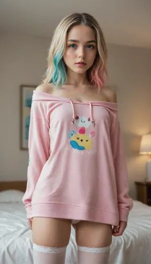 (Cinematic), Creativity Portrait girl, hn tanuki, loli_child, kid_toddler, freckles, young face, innocent look, childlike proportions, flat chested, small breasts, petite, tiny, short, chibi, pastel streak hair, oversized hoodie offshoulder, thigh highs, bedroom, soft rim
Quality High, Pose From Below