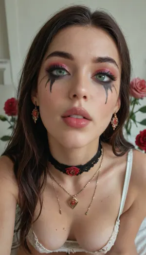 Breathtaking extremely very horny 19 year old American girl, medium fake breasts out, athletic body, perfect skinny body sharp nose, smooth silky long hair rectangular face, full lips, (rose makeup:2), black hair and pale skin, expensive hairstyle, expensive earrings, beautiful necklace, thin eyes, green eyes, pale skin, freckles, big cheekbones, slim, deep dimples, cute chin, kind eyes, white teeth, detailed faces, Black eyeliner. Heavy bronze eyeshadow. BREAKrealistic eyes. Sultry expression. Tousled, straight hair. Eye contact. Photorealistic, runny eyeliner, ripped clothes, panties ripped, smooth wet pussy, 8k, highly detailed, (vivid eyes), red lace choker, cum on tits, cum on face, bukkake, massive facial, photo after sex, view from below, slutty face, thick face, on knees, white bra, mouth full of cum, cum in mouth, blowjob in a romantic movie scene, (romantic atmosphere:1), (close up:1), romantic light, (saliva:1), looking into camera, pov, first point ov view, suck dick, cock in mouth. close up photo, <lora:SDXL_BetterFaces-LoRA_v1:.8>