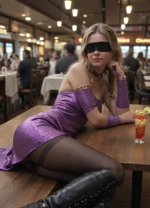 1girl, 20 years old, (Lebanese:1.2), (Spanish-Catalan:1.5), cute face, skinny body, toned body, wasp waist, medium sized perky firm breast, long legs, (blonde hair color), wavy hair, long hair, bright blue eyecolor, detailed skin, tanned skin, good hands, perfect fingers, masterpice, best quality, ultra realistic, photorealistic, 32k, score_9_up, score_8_up, score_7_up, perfect composition of lights and shadows, ((in a luxury restaurant)), (restaurant crowded with old fat men nearby girl:1.5), braided ponytail, sexy fashion make up, fingerrings, erarrings, collar, ((upper arm bangle)), (black pantyhose:1.5), sexy plattform boots, ((overknee boots)), ((short, tight, Cocktail, dress)), ((silk cocktail dress)), (deep purple, shiny, dress:1.5), ((arm warmers)), blindfolded, ((lying flat on the table)), ((lying on her stomach)), (((random unexpected astonishing view point)))