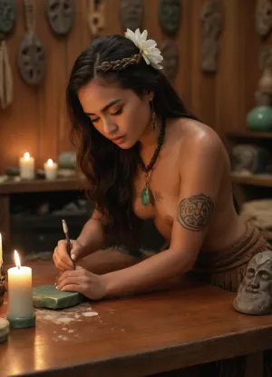 side view, (on the table stands a jade netsuke), (incredibly beautiful and seductive artisan Moana carves a small jade sculpture from stone in a jade workshop:1.4), looking at viewer, eye contact, (She holds a stone chisel in her hand:1.2), very shy, hard nipples, transparent wet outfit, blushing, long hair, light ginger hair, sweating, ((ritual maori face painting, ritual maori makeup)), ((body completely covered maori runic magic tattoos)), ((highly detailed sexy face)), partially nude, thick candles on table, She has a Maori amulet hanging around her neck. a shaded jeweler's workshop, jeweler's tools in front of her, a small hammer and chisel, thinwaist, large eyes, flowers and ribbon in hair, plaided skirt, partially nude

erect nipples, lotion dripping from body, bent forward, ass out, ass focus, snatched waist, ribbon and flowers in hair