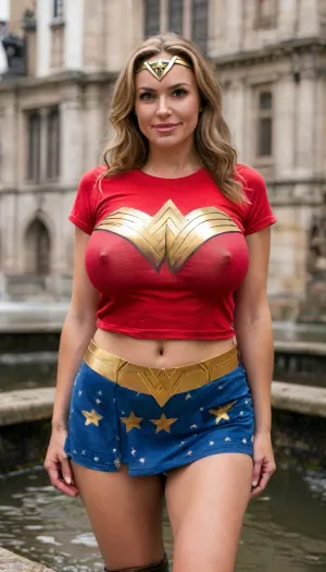 ASSIGNMENT, Take an award-winning photo of a busty blonde mature MILF with huge sagging breasts in a Wonder Woman shirt, BREAK.

COSTUME, (“Wonder Woman” shirt), heavy Wonder Woman gold and ruby tiara, jewelry, BREAK.

FACE, pretty, mature, MILF, 58 years old, rounded face, (circular face), round face, friendly face, chipmunk cheeks, long eyelashes, heavy heavy makeup, (facial wrinkles), heavy mascara, heavy eyeliner, heavy eye shadow, short nose, big green eyes with long eyelashes, looking at viewer, detailed face, perfect teeth, (soft smile), moist lips, BREAK.

BODY, busty pretty mature MILF, 58 years old, short, big big hanging breasts, sagging breasts, short torso, wide hips, thick waist, detailed very large natural saggy breasts, enormous areolae and big puffy nipples, detailed realistic skin with pores and blemishes and freckles and hair follicles, very hairy bush, perfect hands, handslora, BREAK.

HAIR, long very straight blonde-brown hair, extremely straight hair, detailed hair, BREAK.

LOCATION, (bokeh), in front of a city fountain, BREAK.

POSE, standing, hero shot, central focus, (show from thighs up), BREAK.

AESTHETIC, score_9, score_8_up, score_7_up, solo, cinematic, 8K, hyper realistic, sexy, BREAK.

TEMPLATES, clothes, sagging, breasts, but, braless, Wearing, clothes, that, make, sense, with, Braless>, <lora:MJ52:2>, <lora:sagging-000015:1.2>, <lora:add-detail-xl:2>, <lora:BUT_SDXL_SHS:1>, <lora:bralessSDXL_v1_00022:1.5>