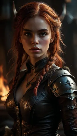 Scene Battle with dragon, Attractive viking with long red hair, Braids on the head Full body photo, long beautiful legs, Smolder. Alluring-expression. Wearing leather armor viking style with fur, Fighting with giant detailed Dragon, fire, flame, No helmet, viking castle background. digital painting, digital illustration, extreme detail, digital art, 32k, ultra hd, beautiful d&d character portrait, dark fantasy, detailed, realistic face, digital portrait, intricate armor, fiverr dnd character, wlop, stanley artgerm lau, ilya kuvshinov, artstation, octane render, hyperrealism, dynamic lighting, unreal engine, clean lines, deviantart, olga, discordia, dark, skin, dark-skinned, female, hair, over, one, eye, elf, pointy, ears, parted, lips, milkingmachine, cow, cowgirl, 4ng3l, face, <lora:DetailedEyes_V3:1.4>, <lora:dark:.4>, <lora:SDXL_BetterFaces-LoRA_v1:2>, <lora:MJ52:.8>