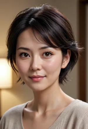 middle-aged Japanese woman, realistic face, short black hair, messy hair, dark brown eyes, under-eye bags, tired expression, neutral face, slight double chin, natural skin texture, detailed skin, lifelike, photorealistic, 8k, indoor lighting, (young), (beautiful), (makeup), (smile), (cute), 2D, anime, cartoon, high contrast, smooth skin