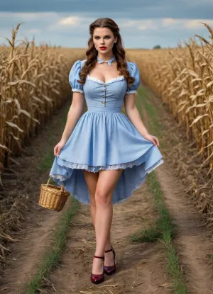 dorothy gale, full-length photos, In the cornfield, high heels, large, breasts, big, boobs, huge, tits, <lora:bombshell_v2:.5>